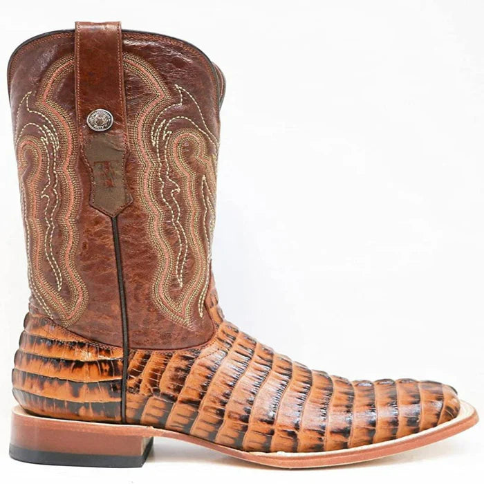 Tanner Mark Men's Hudson Print Caiman Tail Square Toe Boots Cognac