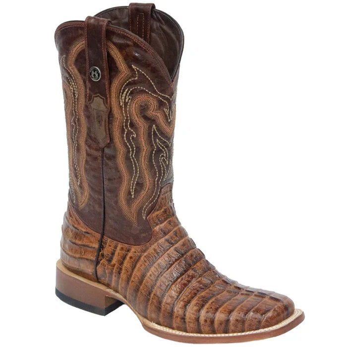 Tanner Mark Men's Hudson Print Caiman Tail Square Toe Boots Cognac