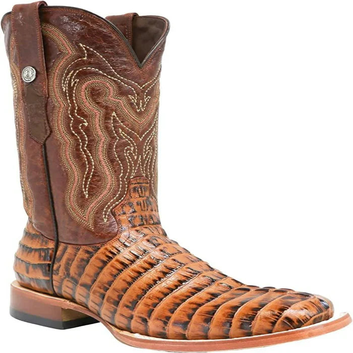 Tanner Mark Men's Hudson Print Caiman Tail Square Toe Boots Cognac