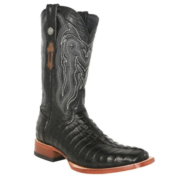 Tanner Mark Men's Lufkin Print Caiman Tail Square Toe Boots Black