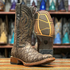 Tanner Mark Men's Print Monster Fish Square Toe Boots Brown