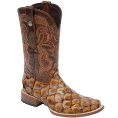 Tanner Mark Men's Print Monster Fish Square Toe Boots Cognac