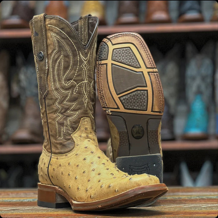 Botas de punta cuadrada con estampado de avestruz para hombre de Tanner Mark Antique Saddle