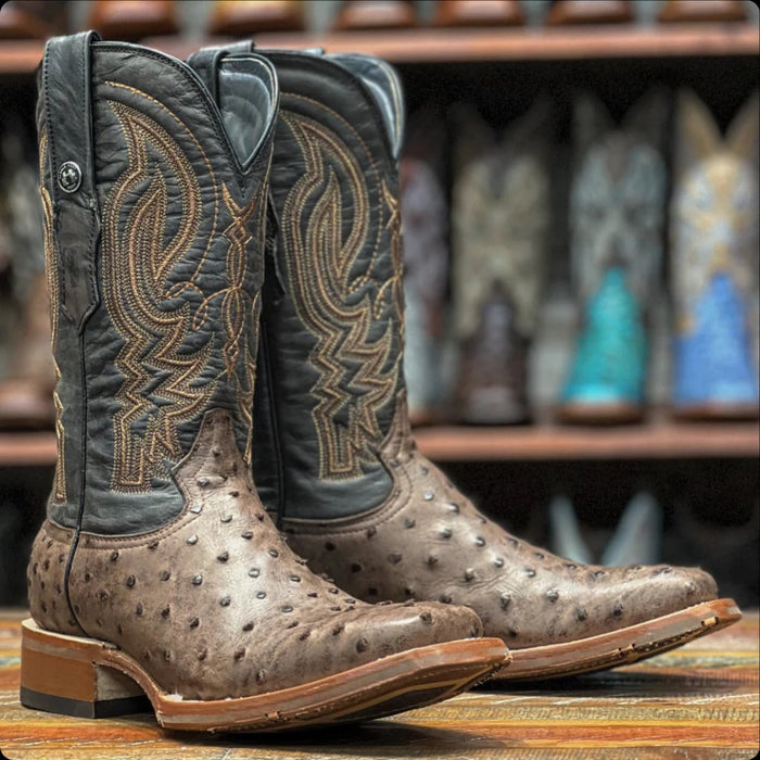 Botas de punta cuadrada con estampado de avestruz para hombre de Tanner Mark Antique Saddle