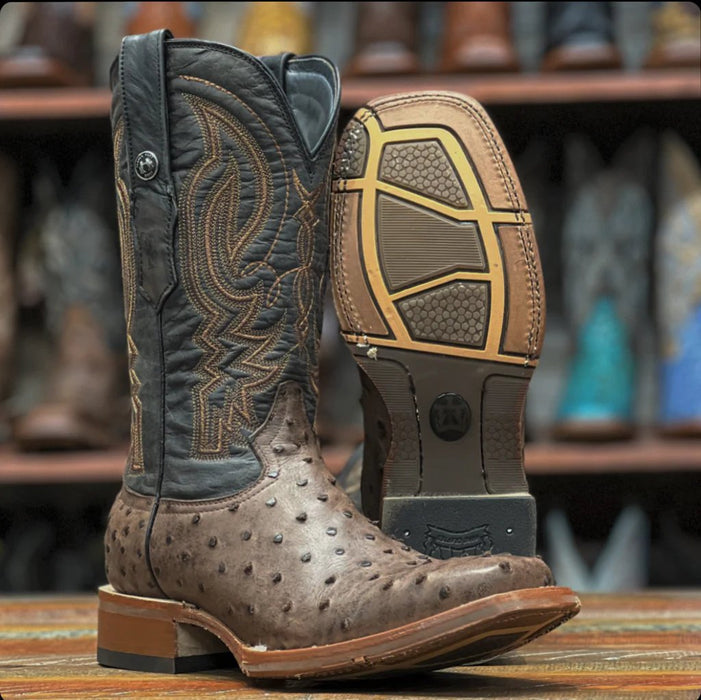 Botas de punta cuadrada con estampado de avestruz para hombre de Tanner Mark Antique Saddle