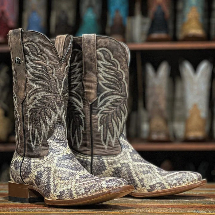 Tanner Mark Men's Rattlesnake Print Square Toe Boots Natural