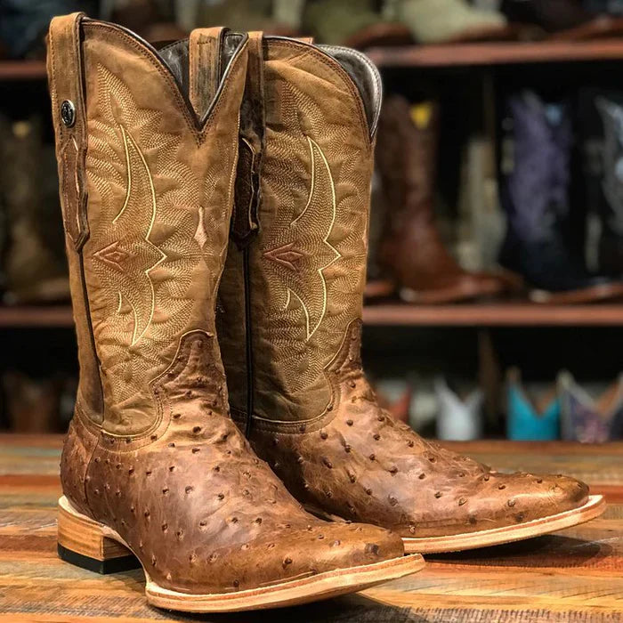 Botas de punta cuadrada de avestruz con pluma completa "Stoney" para hombre de Tanner Mark, estilo silla de montar antigua