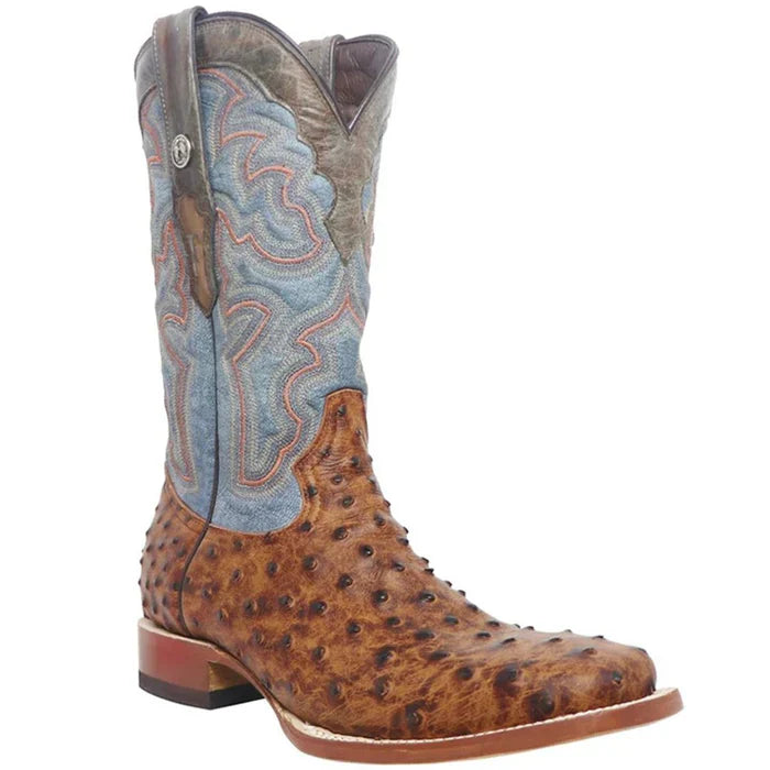 Tanner Mark Men's Van Zandt Print Ostrich Square Toe Boots Cognac