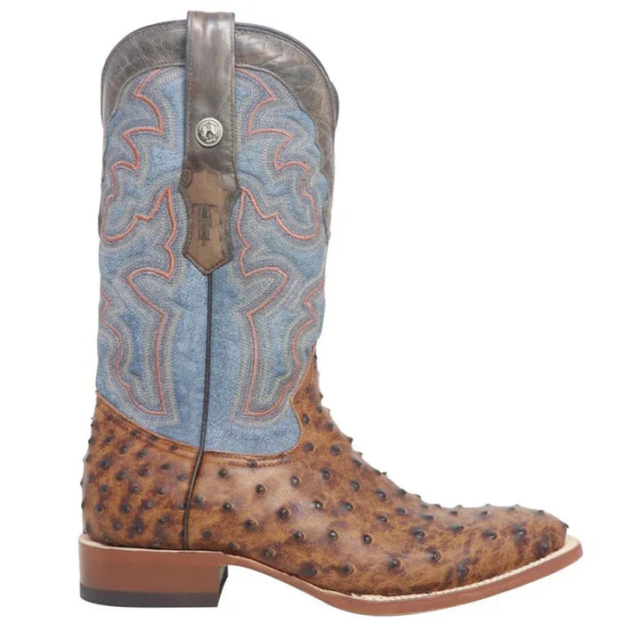 Tanner Mark Men's Van Zandt Print Ostrich Square Toe Boots Cognac