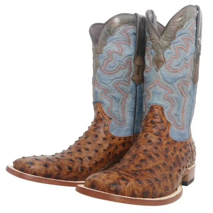 Tanner Mark Men's Van Zandt Print Ostrich Square Toe Boots Cognac