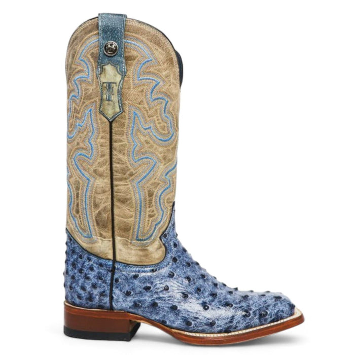 Tanner Mark Women's 'Bluebonnet' Ostrich Print Square Toe Boots Blue Denim