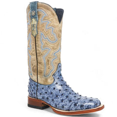 Tanner Mark Women's 'Bluebonnet' Ostrich Print Square Toe Boots Blue Denim